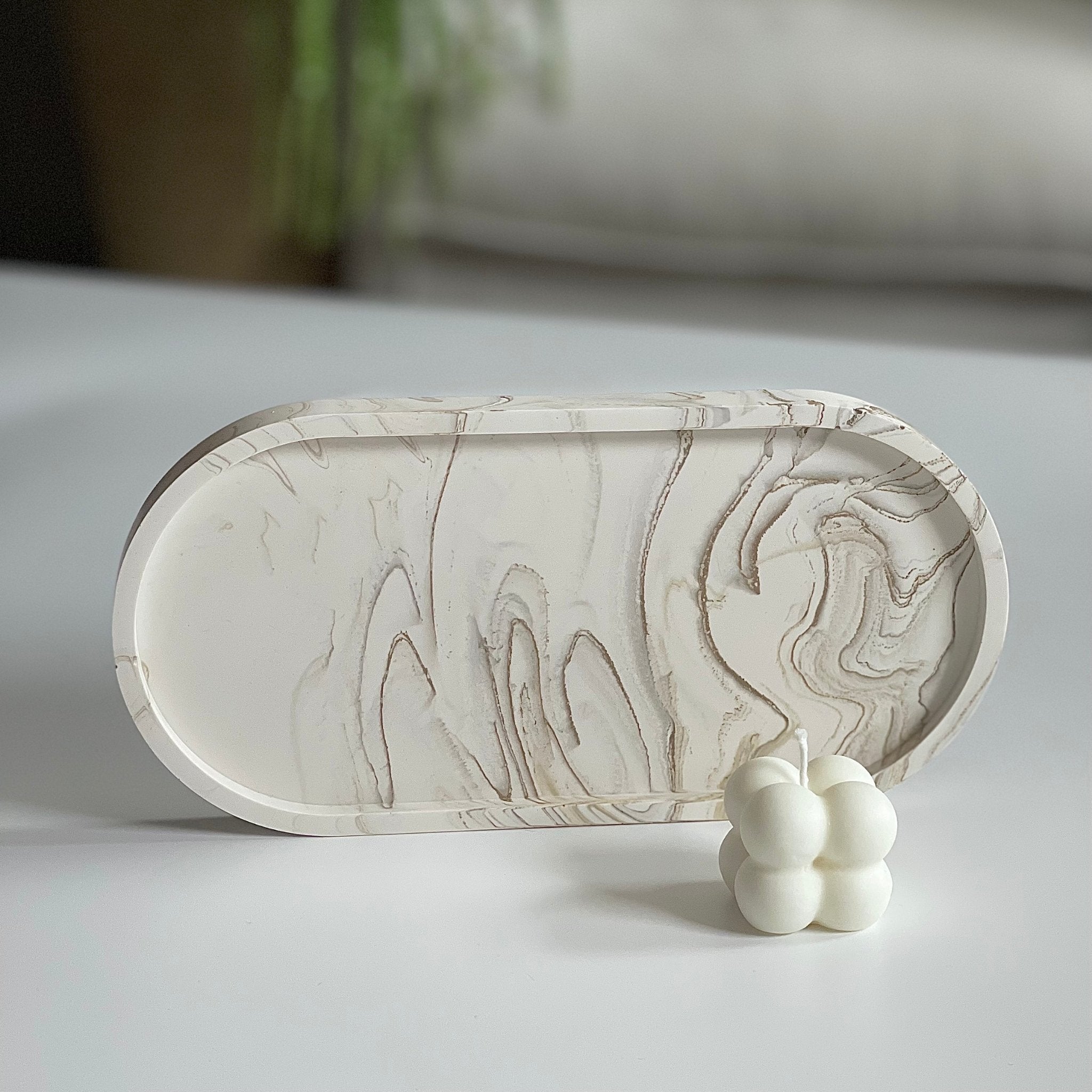 le plateau ovale marbré beige - plateaux pour bougies ou vide poche fait main en jesmonite