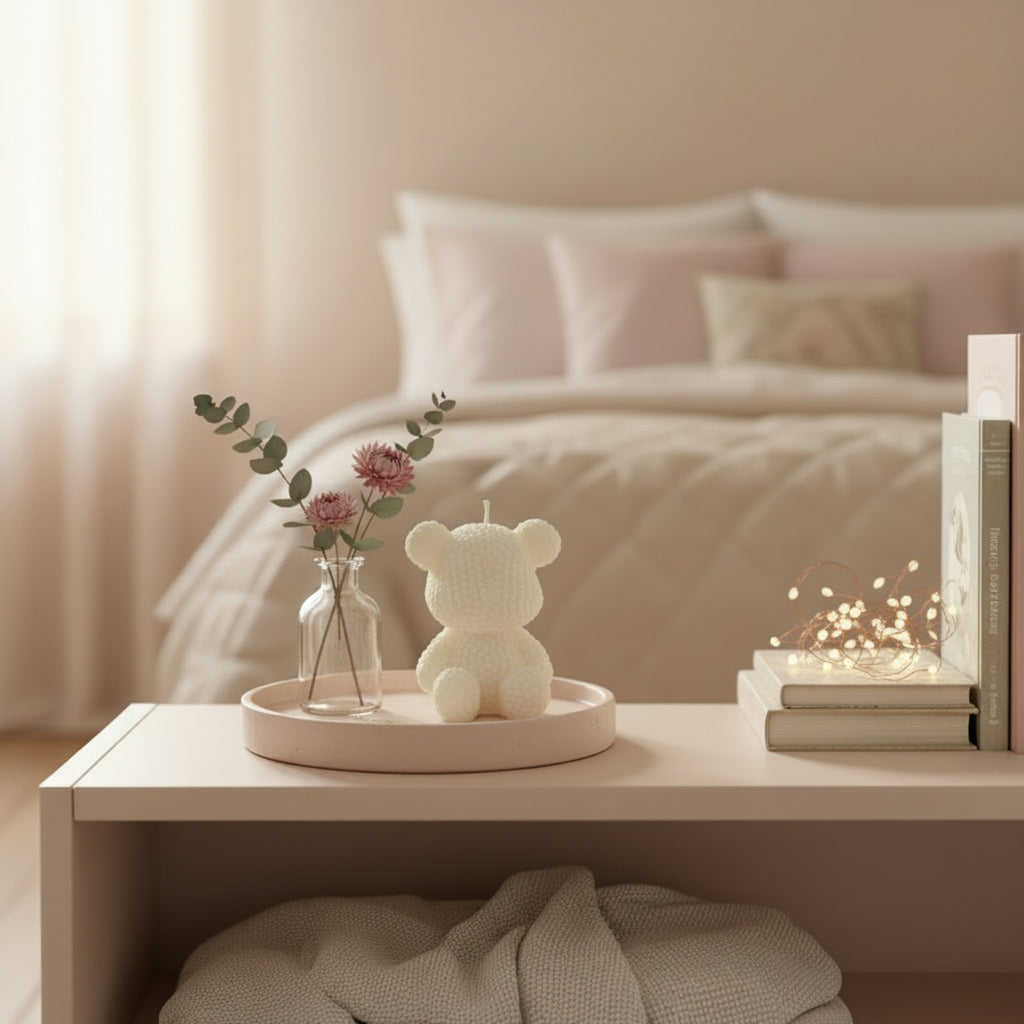 Claudine - bougie végétale en forme d'ourson texture bulle dans chambre à coucher