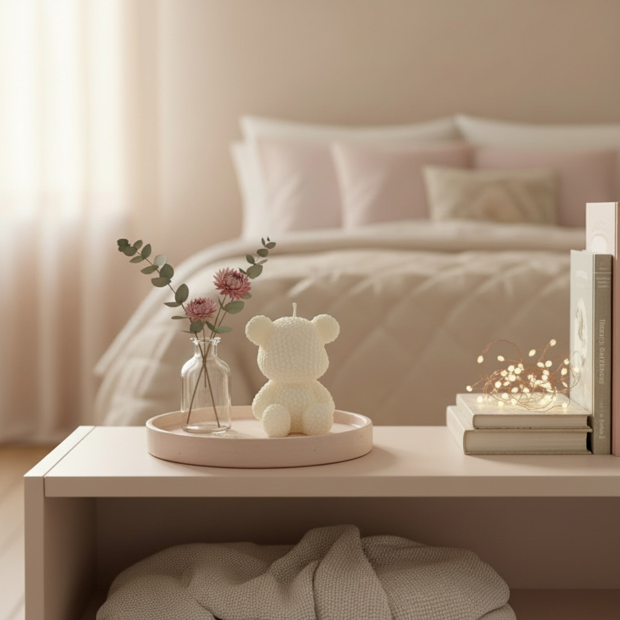 Claudine - bougie végétale en forme d'ourson texture bulle dans chambre à coucher