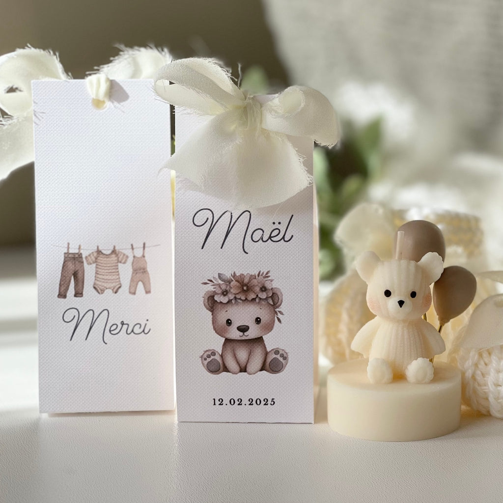 bougie ourson aux ballons beiges - cadeau souvenir naissance bonbonnière