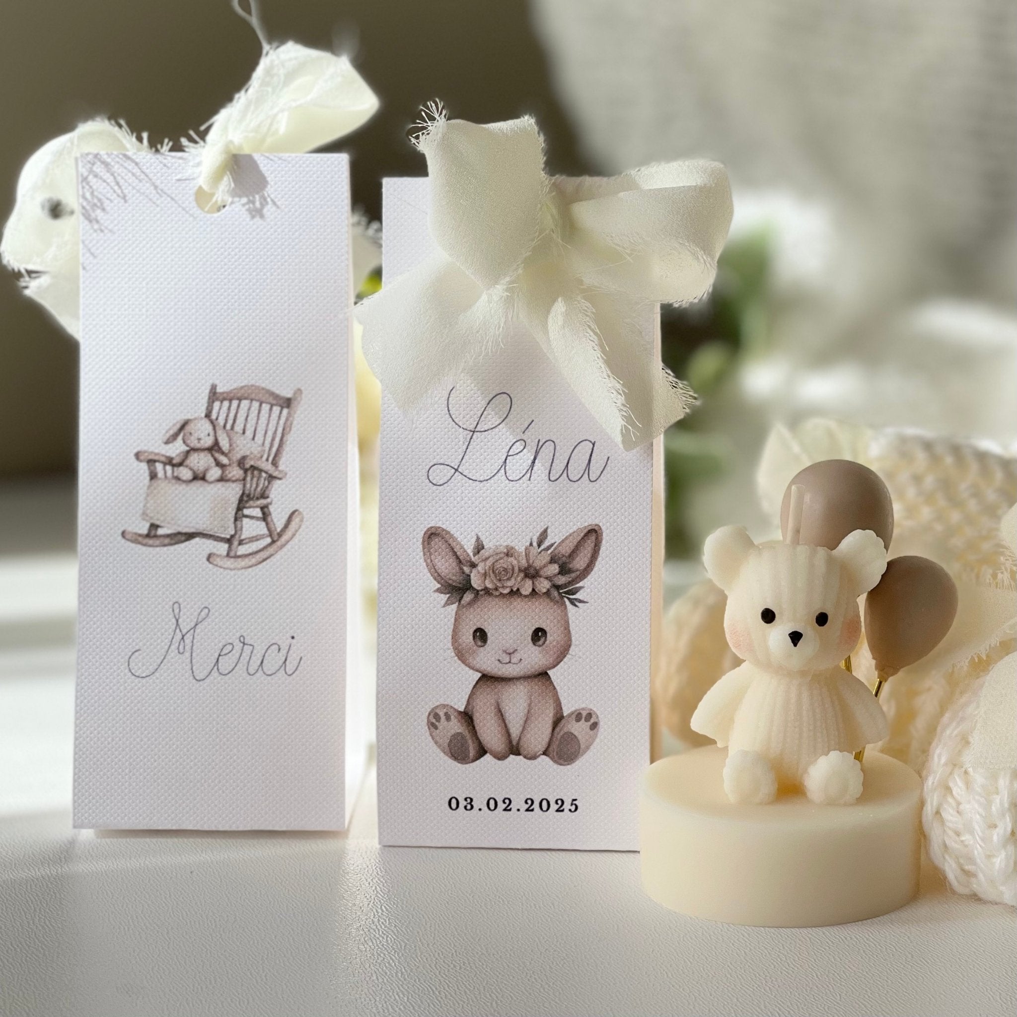bougie ourson aux ballons beiges - cadeau souvenir naissance bonbonnière