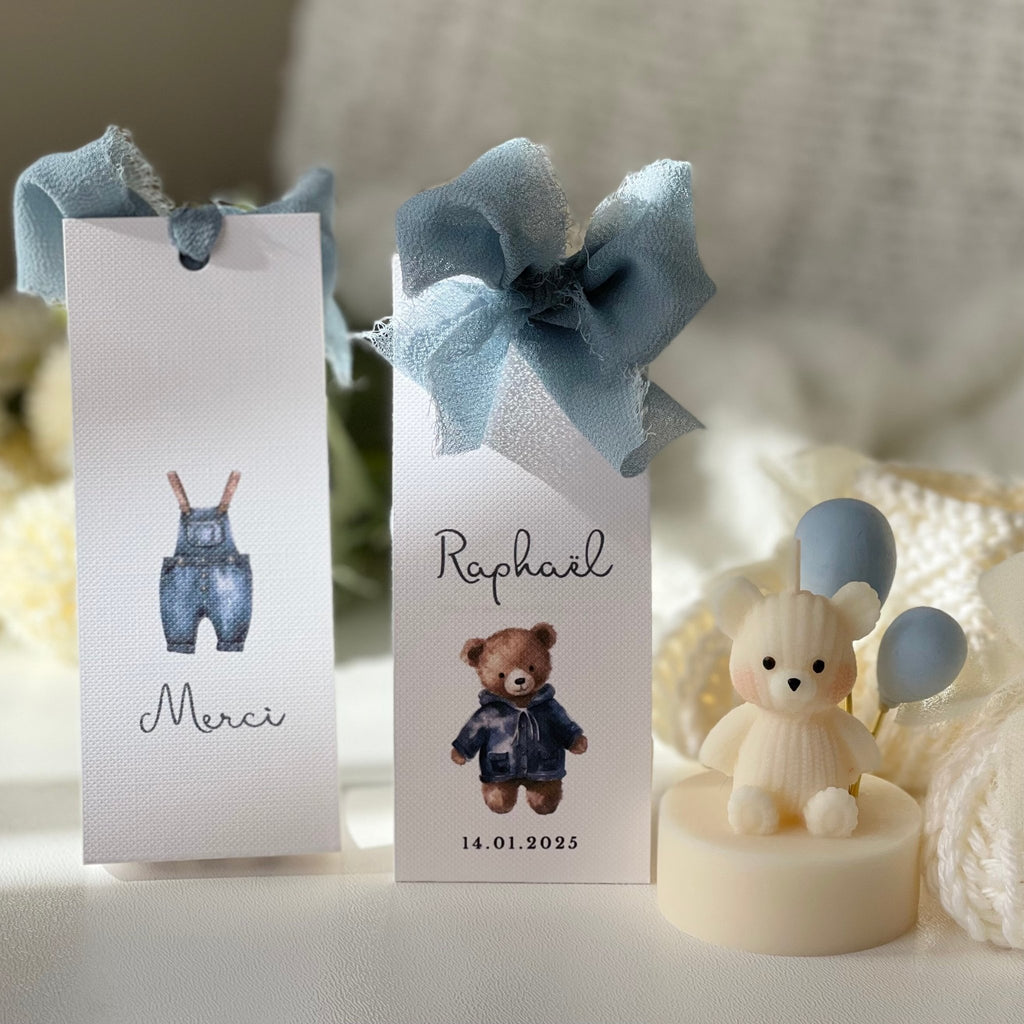 bougie ourson avec ses ballons bleus et son emballage personnalisé souvenir naissance