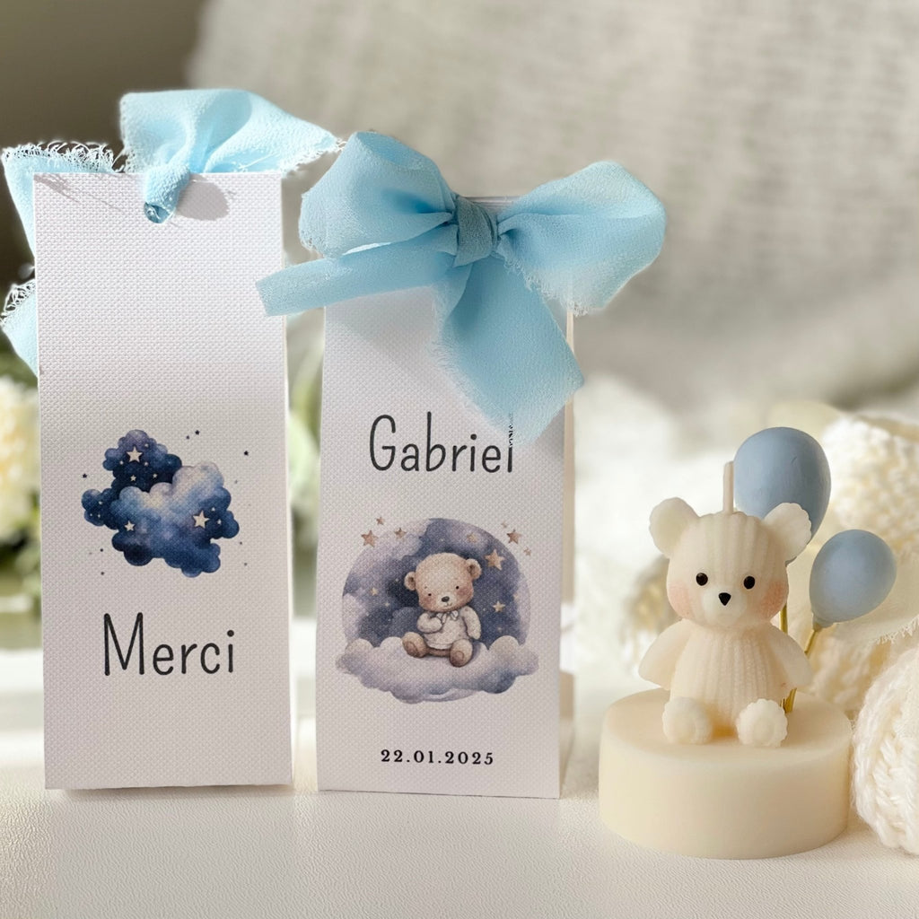 bougie ourson avec ses ballons bleus et son emballage personnalisé souvenir naissance