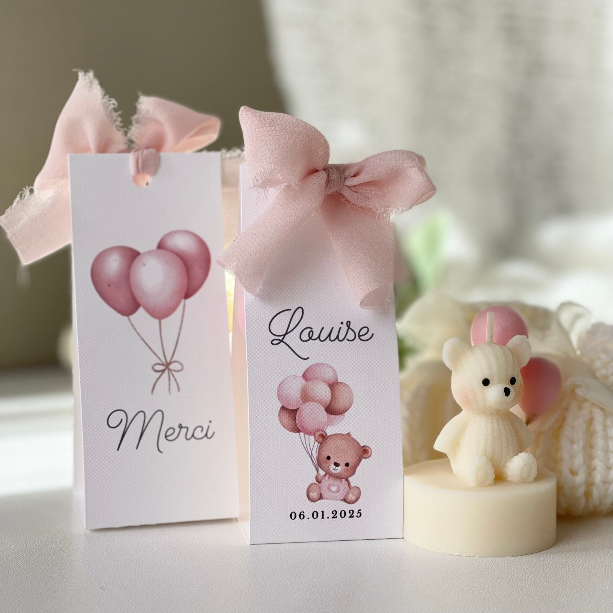 bougie ourson aux ballons roses - cadeau souvenir naissance bonbonnière