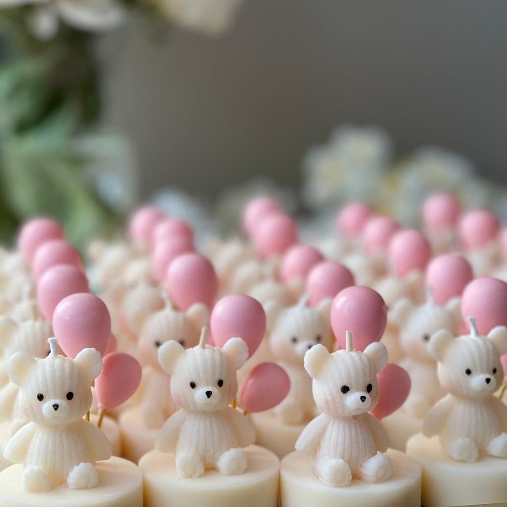 bougie ourson aux ballons roses - cadeau souvenir naissance bonbonnière