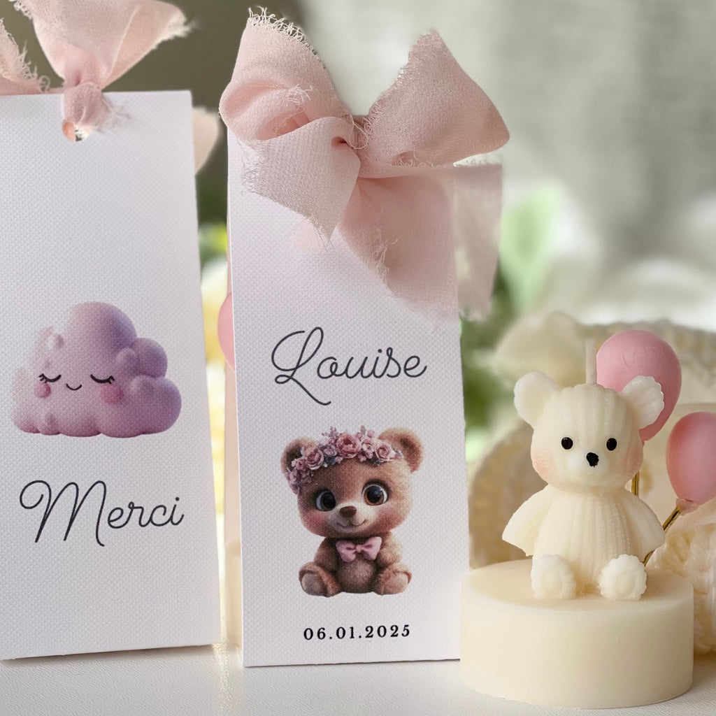 bougie ourson aux ballons roses - cadeau souvenir naissance bonbonnière