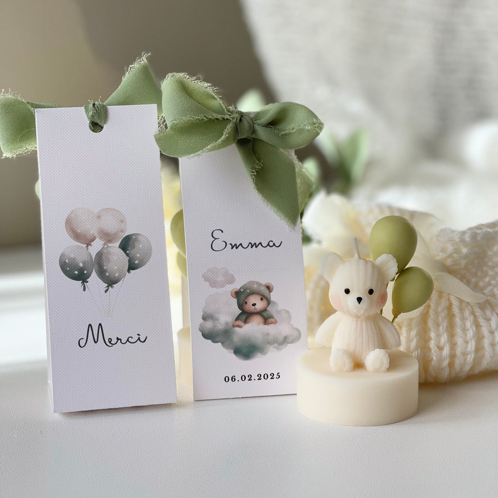 bougie ourson aux ballons verts - cadeau souvenir naissance bonbonnière