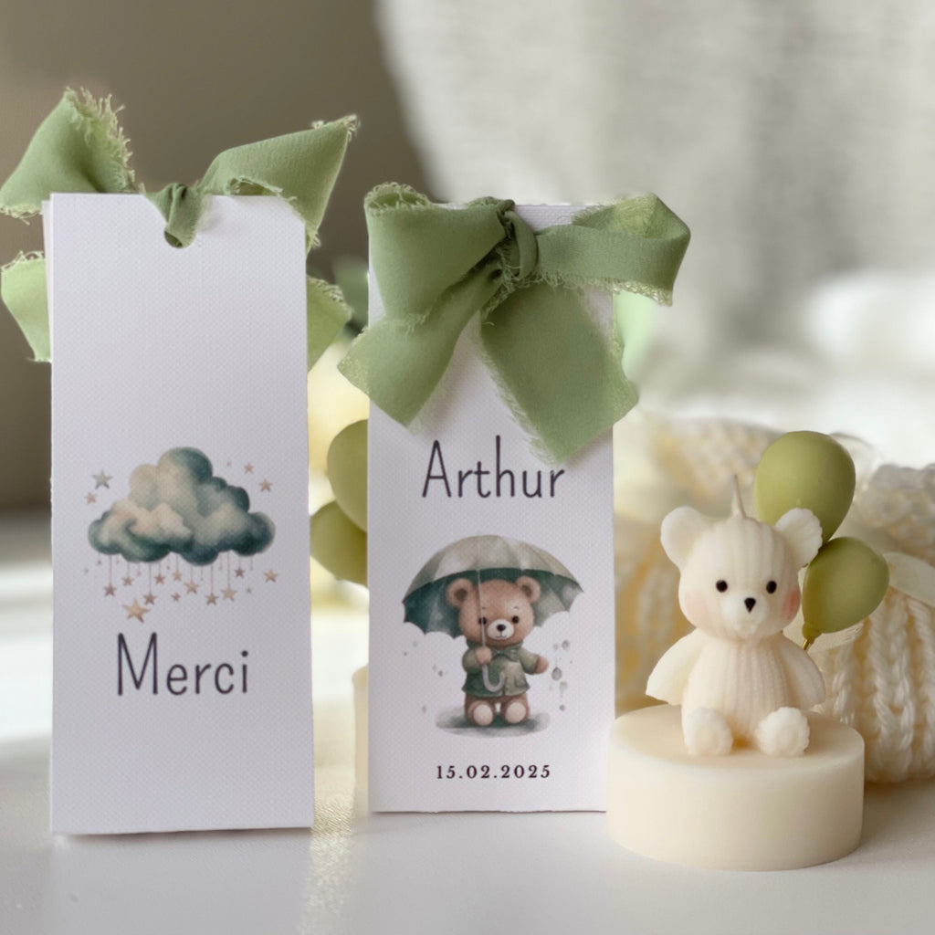 bougie ourson aux ballons verts - cadeau souvenir naissance bonbonnière