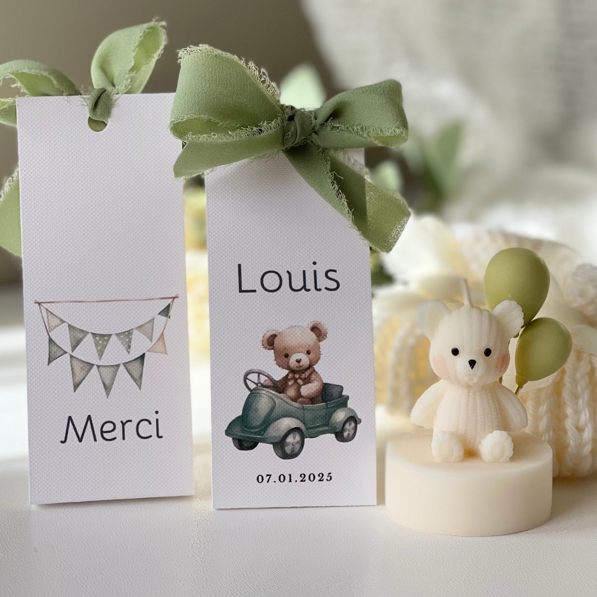 bougie ourson aux ballons verts - cadeau souvenir naissance bonbonnière