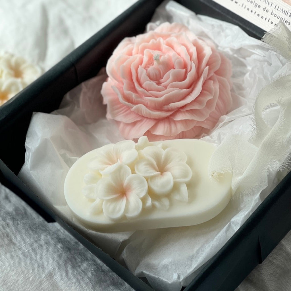 Coffret cadeau institutrice - bougie végétale pivoine parfumée et la suspension parfumée fleur de tiaré