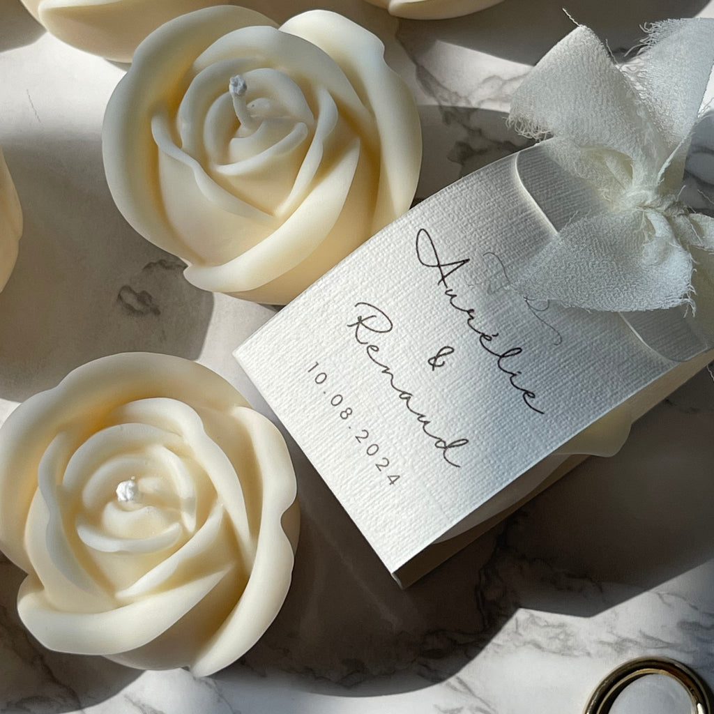 rose mariage - bougie personnalisée en cire de colza dans son emballage vue dessus